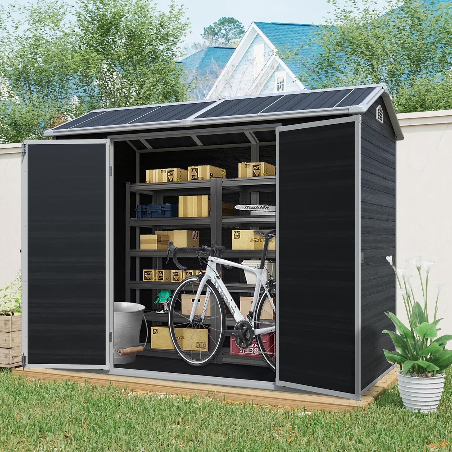 8x4 FT Outdoor Storage Shed with Floor, Weather Resistant Tool Shed with Lockable Door, Vents & Windows, Resin Garden Sheds with Sloped Roof for Backyard, Patio, Lawn, Black