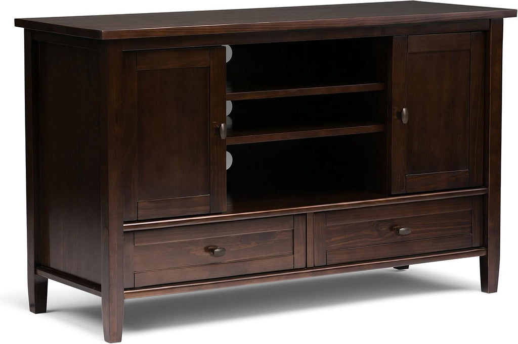 SIMPLIHOME Warm Shaker TV Stand - 47 inch Wide Solid Wood Media Console in Tobacco Brown, Transitional Entertainment Center for TVs up to 50 Inches with 2 Cabinets, 2 Drawers, and Cord Management