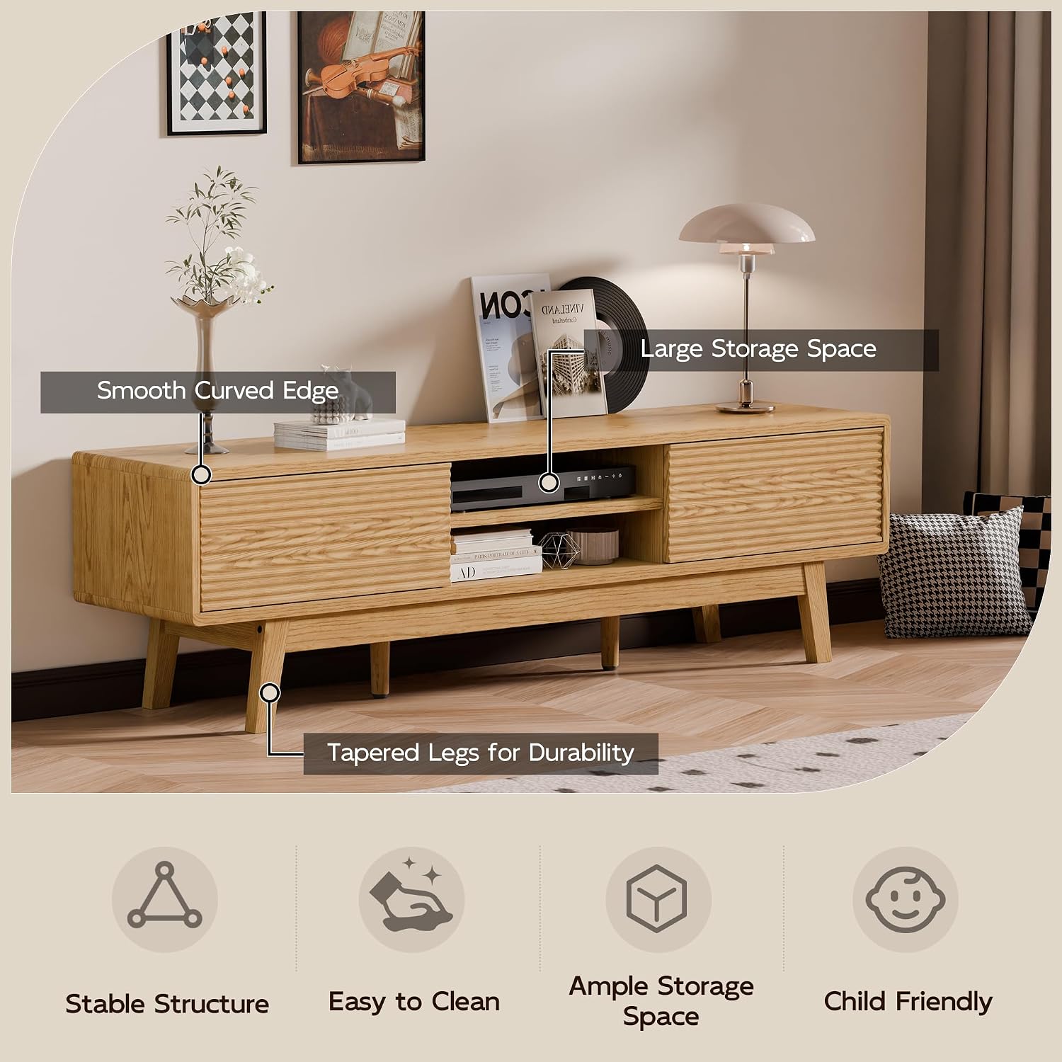 TOLEAD 59' Mid Century Modern TV Stand for TVs up to 65 Inch, Low Profile Entertainment Center with Fluted Sliding Doors & Storage, Wood TV Console Table for Living Room, Oak