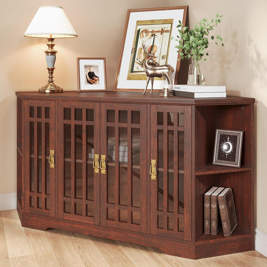 IRONCK Corner TV Stand for TVs up to 60 Inch with Power Outlet, Corner Entertainment Center with Storage Cabinet and Glass Doors, Mid Century Modern TV Stand for Living Room, Bedroom, Red Walnut