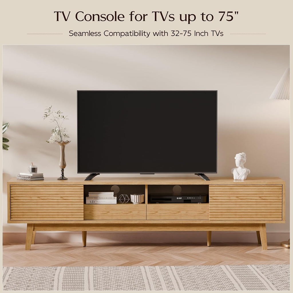 TOLEAD 70' Mid Century Modern TV Stand for TVs up to 75 Inch, Low Profile Entertainment Center with Fluted Sliding Doors & Storage Drawers, Wood TV Console Table for Living Room, Oak