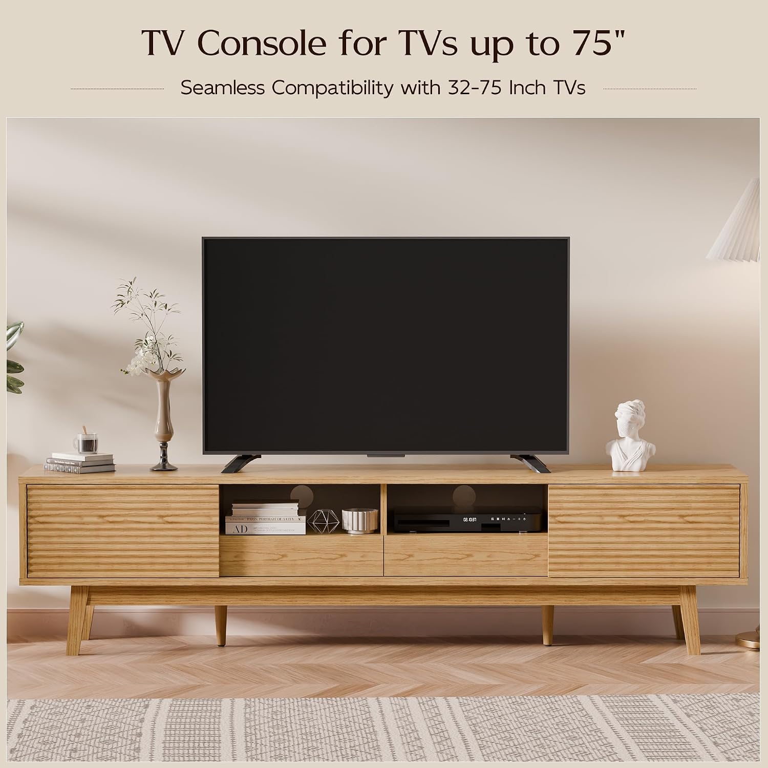 TOLEAD 70' Mid Century Modern TV Stand for TVs up to 75 Inch, Low Profile Entertainment Center with Fluted Sliding Doors & Storage Drawers, Wood TV Console Table for Living Room, Oak