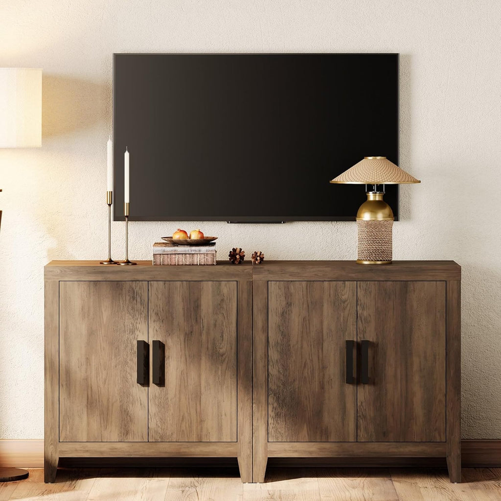 WAMPAT Farmhouse TV Stand for TVs up to 65 Inch, Rustic Wood Entertainment Center & Media Console with 4 Storage Doors, Accent Cabinet for Living Room, Hallway, Rustic Brown