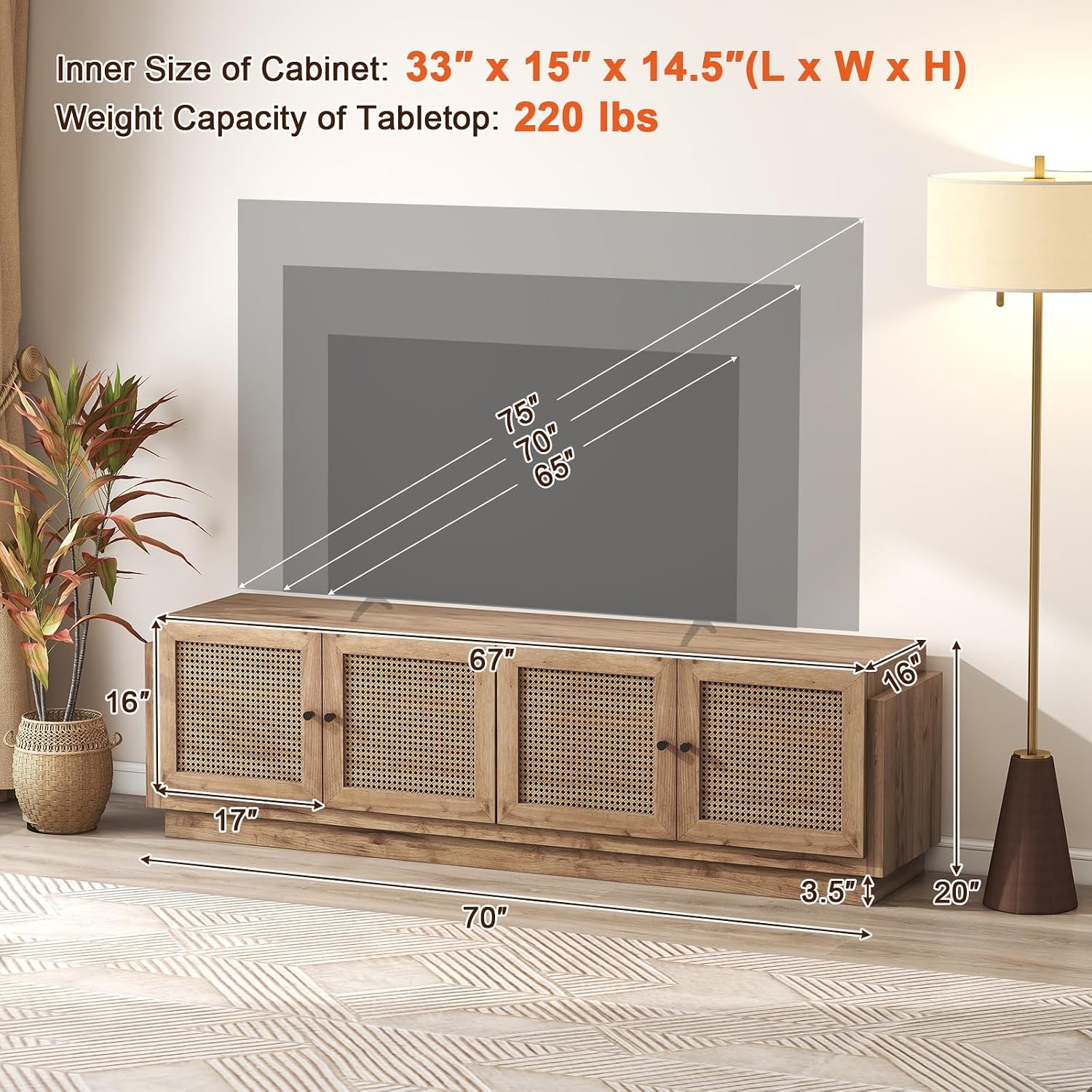 Giantex Farmhouse TV Stand for TVs up to 75', 4-Door PE Rattan Entertainment Center w/ 2 Cabinets, Adjustable Shelves, 8 Cable Holes, Mid Century Modern Media Console Table for Living Room, TV Cabinet