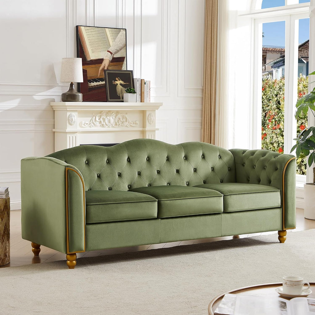 HITHOS 78' Velvet Sofa Couch, Soft 3 Seater Sofa Couche for Living Room, Button Tufted Comfy Couch Modern Sofa with Upholstered Cushion, Gold Trim, Solid Wood Legs for Dorm Bedroom Apartment, Green