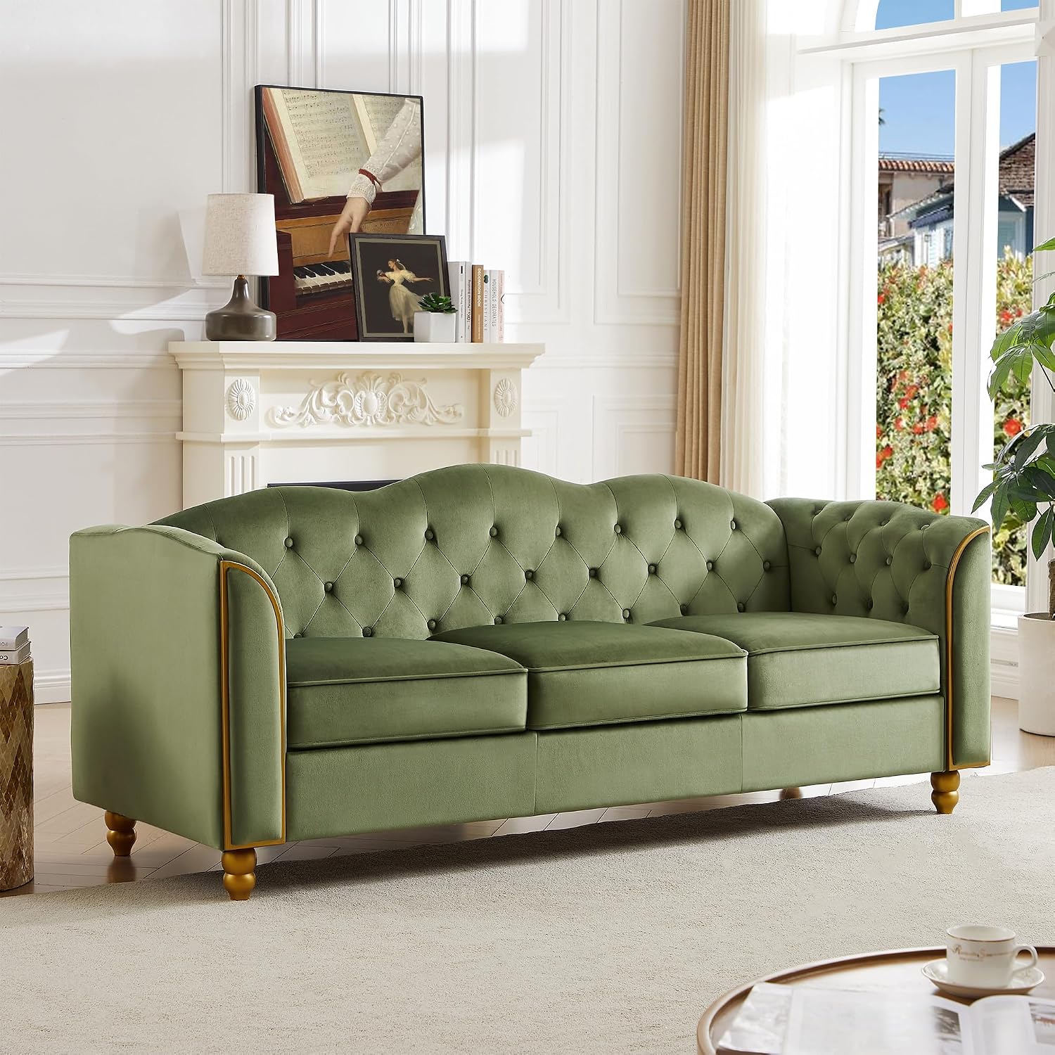 HITHOS 78' Velvet Sofa Couch, Soft 3 Seater Sofa Couche for Living Room, Button Tufted Comfy Couch Modern Sofa with Upholstered Cushion, Gold Trim, Solid Wood Legs for Dorm Bedroom Apartment, Green