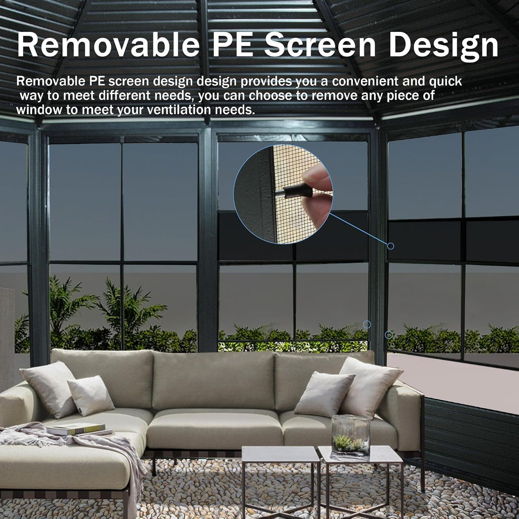 12x12 FT Octagonal Sunroom Solarium with Lockable Sliding Door & Moveable PE Screens | Dark Gray Aluminum Frame & Galvanized Steel Roof | Outdoor Screen House for Backyard, Patio, Garden