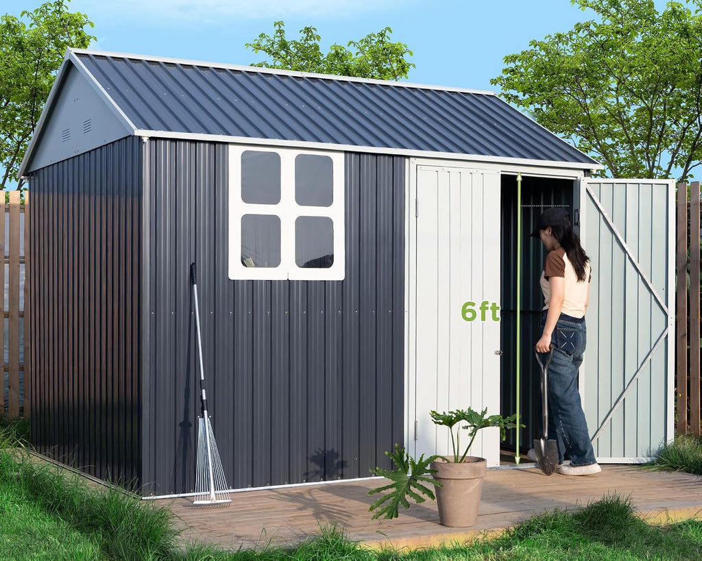 VanAcc 10x8x8 FT Shed 4-pane Window Nordic Cottage Storage Shed Outdoor Metal Garden House Double Hinged Lockable Doors for Backyard Garden Patio Lawn Dark Grey/White