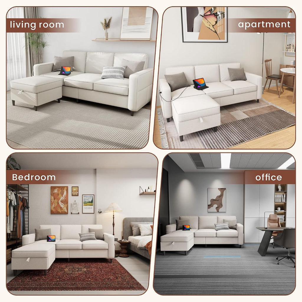 Youmumeub Sectional Couches for Living Room - Convertible Sofa and Storage Bench,79''Modern Corner Configuration,Suitable for Living Room, Apartment, Bedroom and Office-Beige | Reversible Chaise, Washable Covers