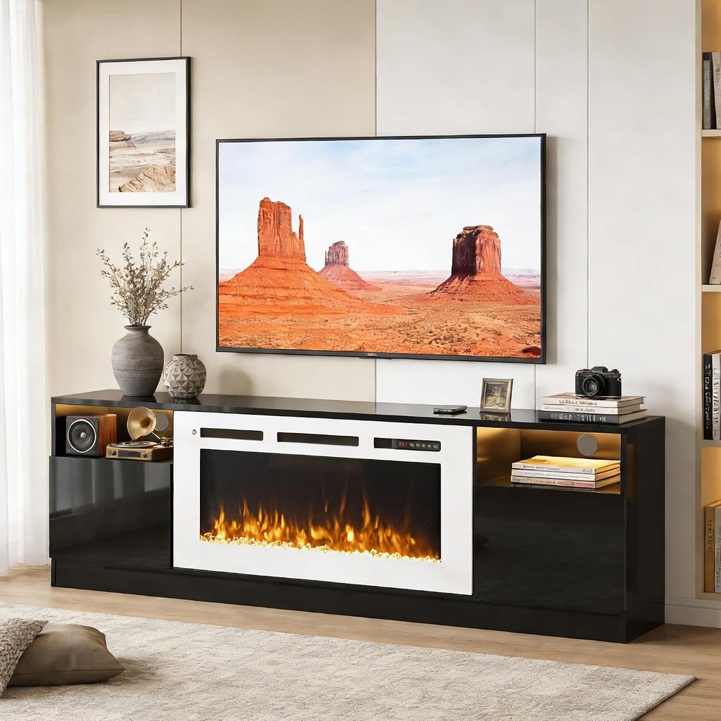 70' Fireplace TV Stand, LED Light Entertainment Center for TVs Up to 80', High-Gloss Door, Modern TV Console for Living Room with Storage Cabinet, Black+White