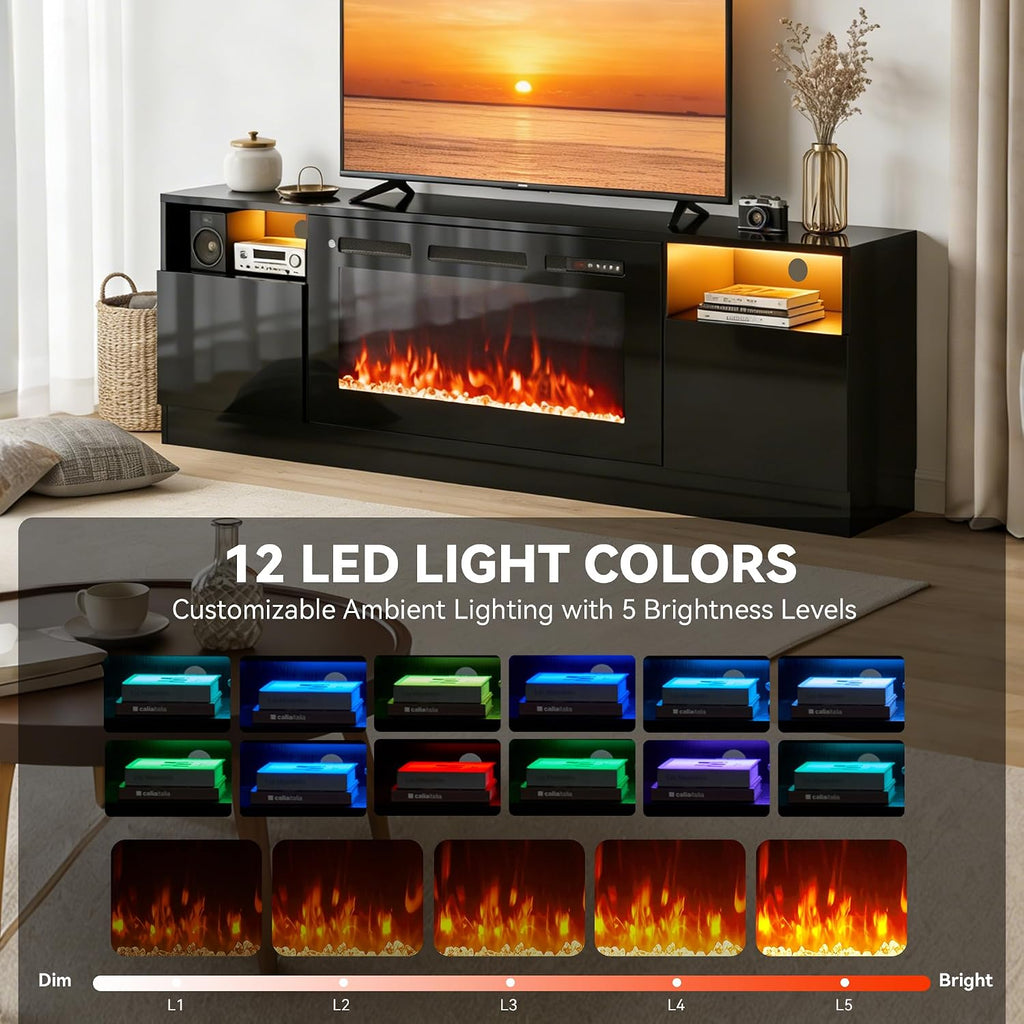 70' Fireplace TV Stand with 36' Electric Fireplace, LED Light Entertainment Center for TVs Up to 80', High-Gloss Door, Modern TV Console for Living Room with Storage Cabinet, Black+Black