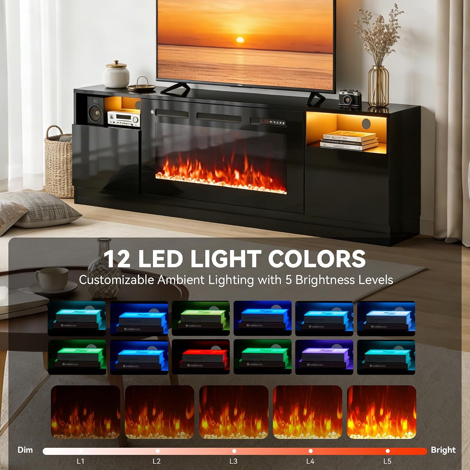 70' Fireplace TV Stand with 36' Electric Fireplace, LED Light Entertainment Center for TVs Up to 80', High-Gloss Door, Modern TV Console for Living Room with Storage Cabinet, Black+Black