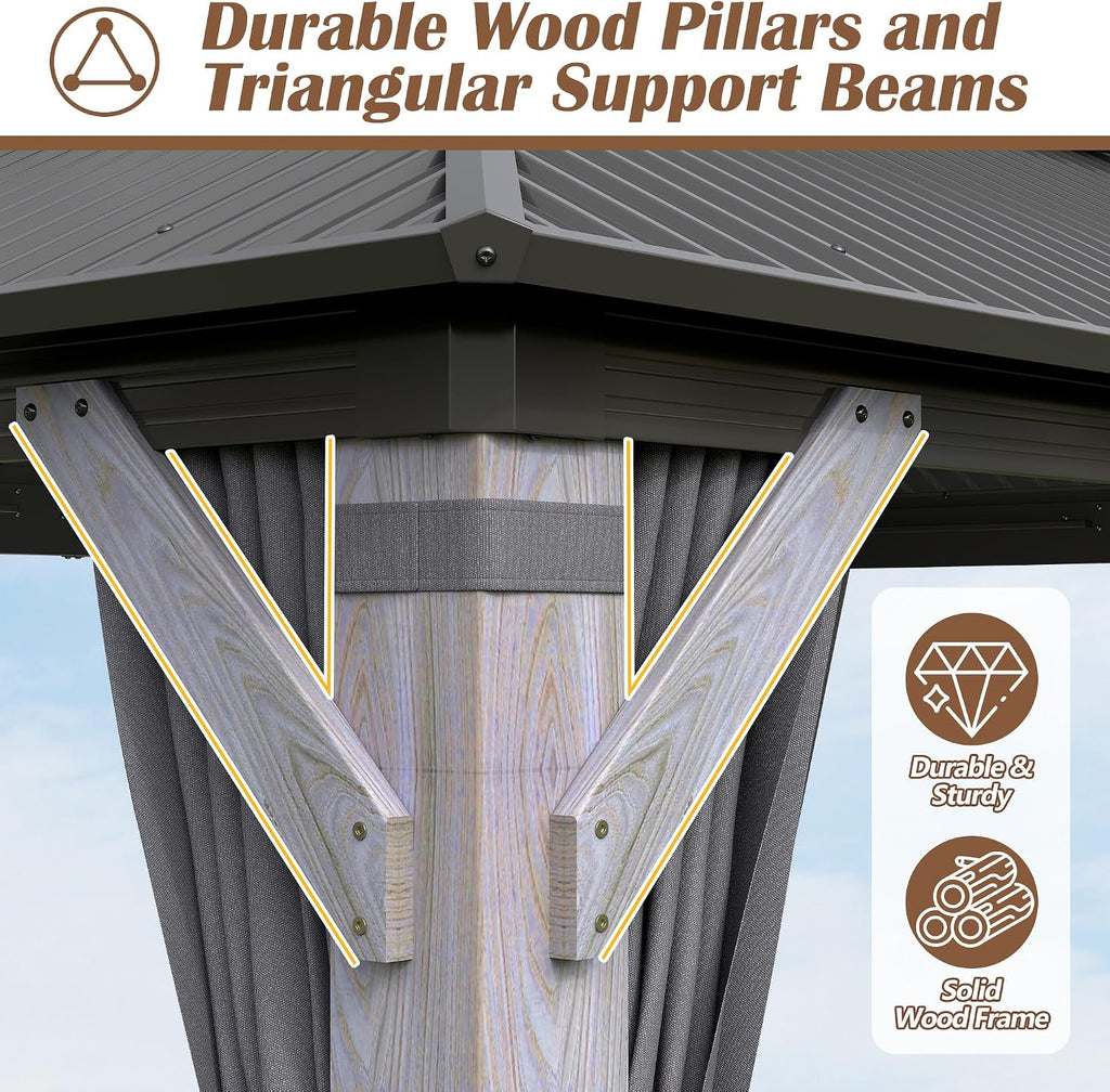 12' x 14' Wood Gazebo, Outdoor Hardtop Gazebo with Wood Posts and Galvanized Steel Doule Roof, Wooden Frame Gazebos with Netting and Curtains for Patio, Backyard, Deck Garden