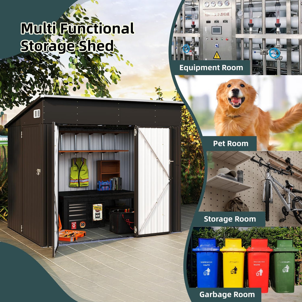 8'x6' Outdoor Storage Shed with Triple Lockable Doors, Metal Cabinet, Sloping Roof & Spacious Storage for Tools, Bicycles, Garden Equipment – Ideal for Patio, Garden & Courtyard