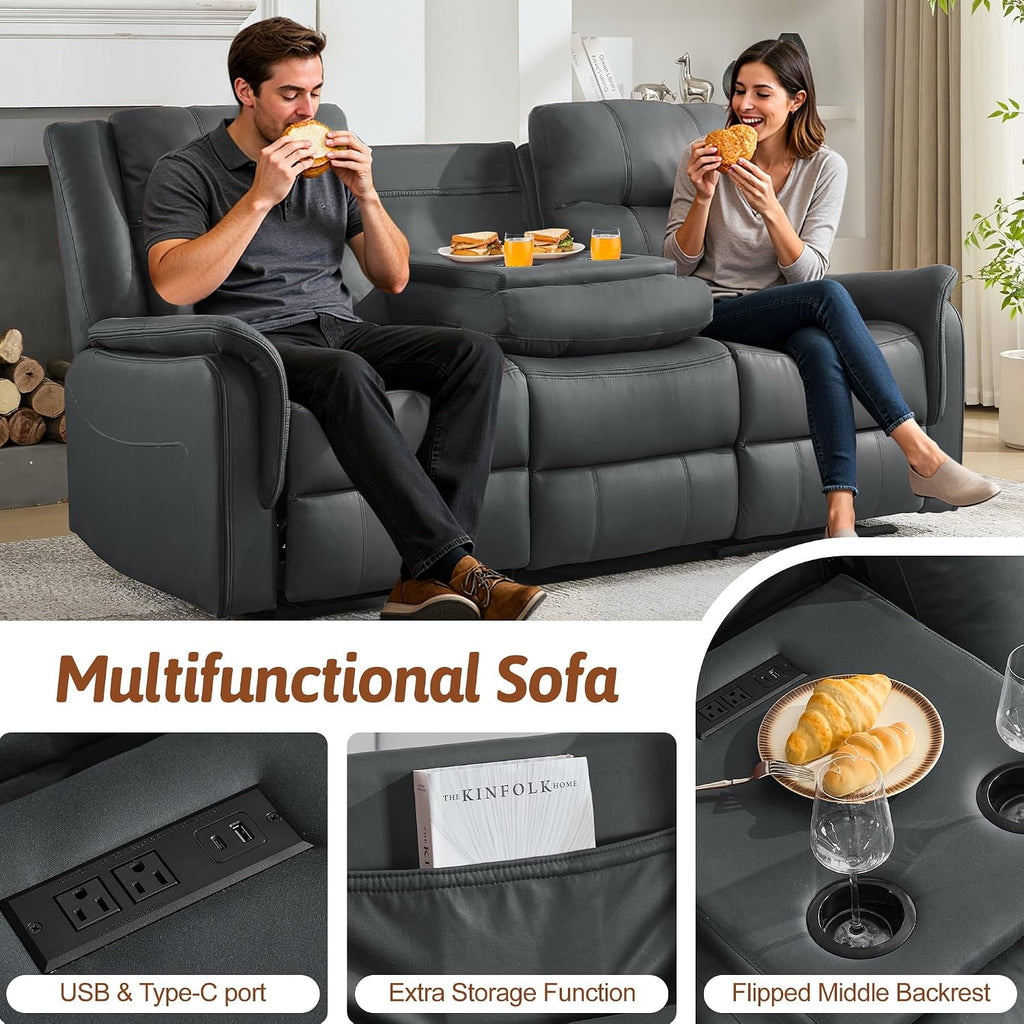 Korser Loveseat Recliner Sofa, Flip Middle Backrest Design 3 Seat Reclining Sofa with Storage Drawer, Performance Fabric Reclining Couch with Storage, USB Port, Manual Couch for Living Room, RVs