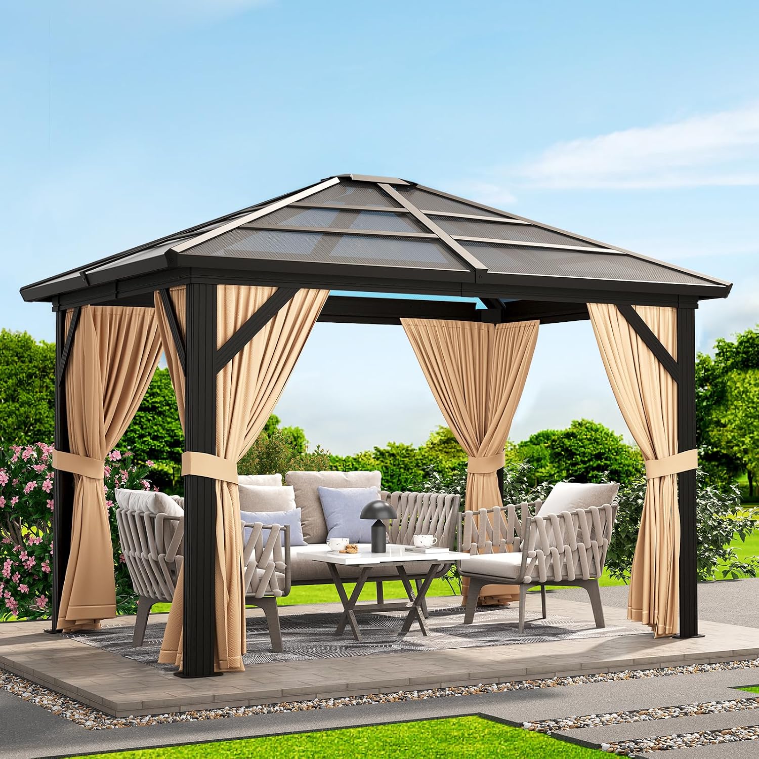 GarveeLife 10x12 ft Gazebo, Hardtop Outdoor Canopy Aluminum Frame Permanent Gazebo with Netting and Curtains, Polycarbonate Garden Tent for Patio, Lawn, Backyard, Deck (10 ft x12 ft)