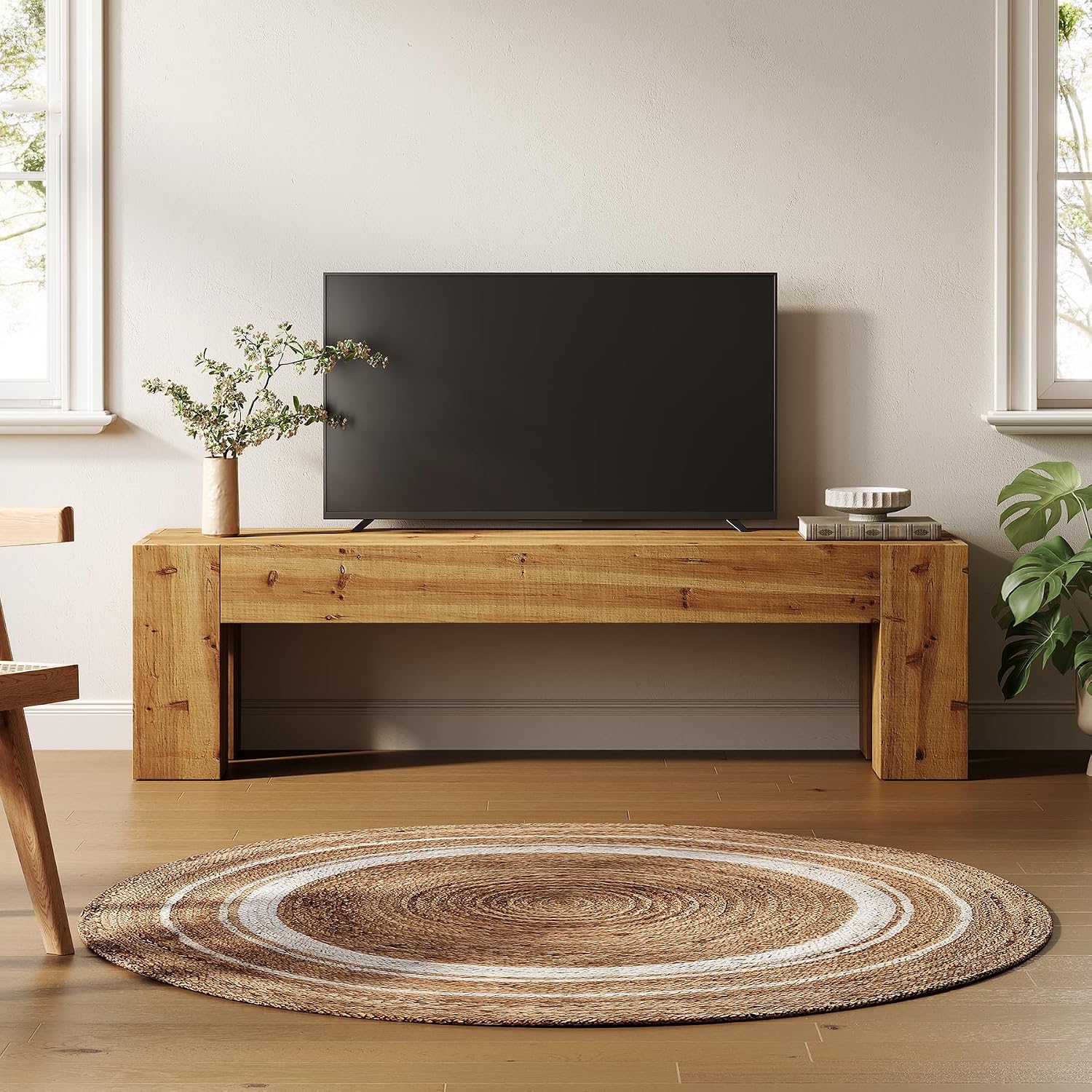 Solid Wood TV Stand, 63' Rustic Extra Long Heavy Duty Media TV Consoles Table with Sturdy Frame for Living Room Gaming Entertainment Center for TVs up to 70 Inches (Brown)