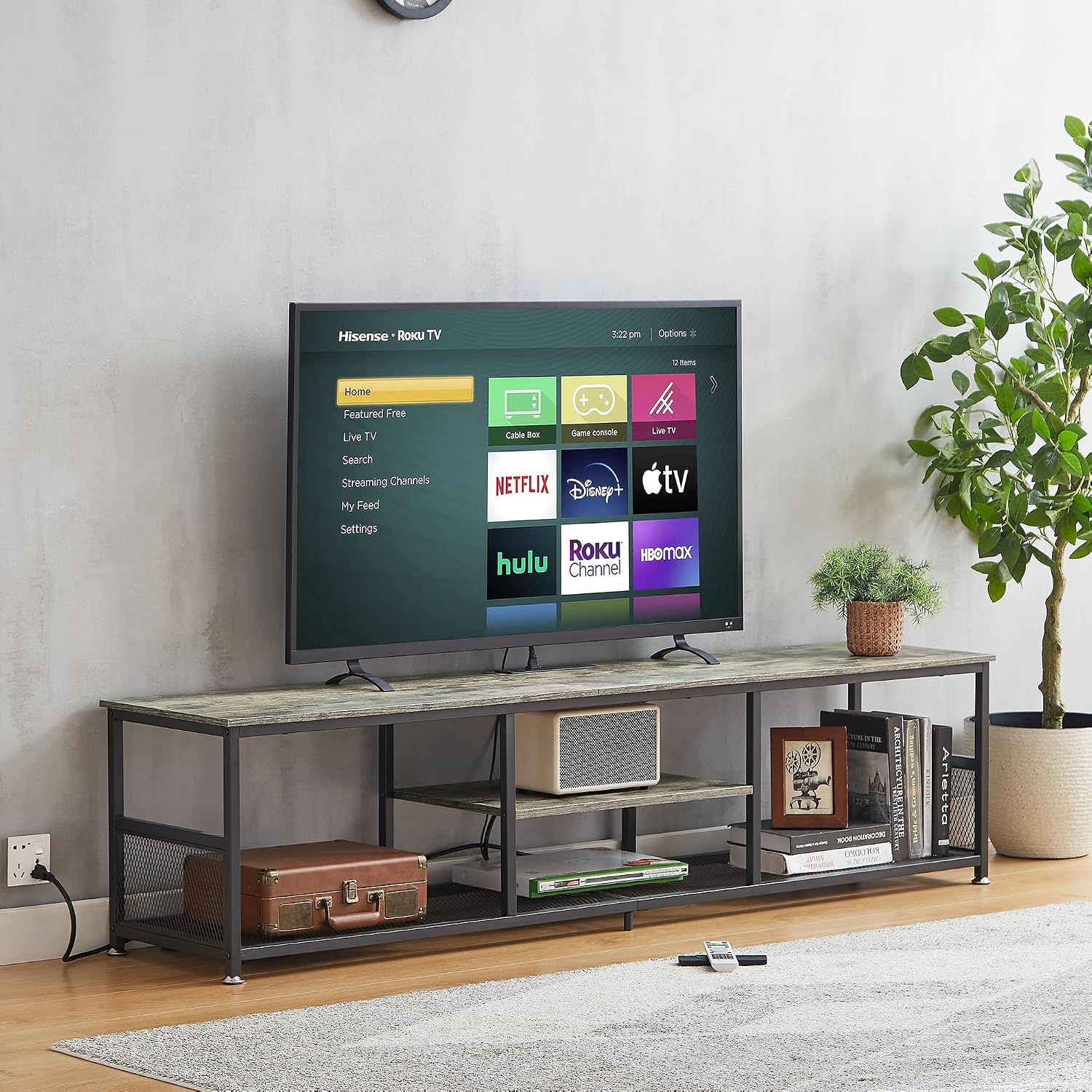 VECELO TV Stand with Power Outlets for Televisions up to 80Inch, 70' Media Entertainment Center with Charging Station 3-Tier Open Storage Shelves with Metal Frame for Living Room/Bedroom，Grey