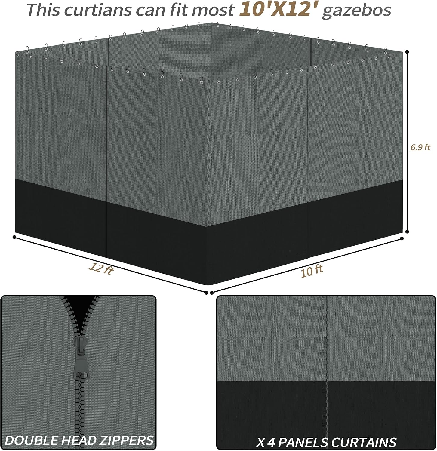 Gazebo Privacy Curtains 10' x 12' with Zipper 4-Panels Side Wall Universal Replacement for Patio, Outdoor Canopy, Garden and Backyard Gray and Black (Curtain Only)
