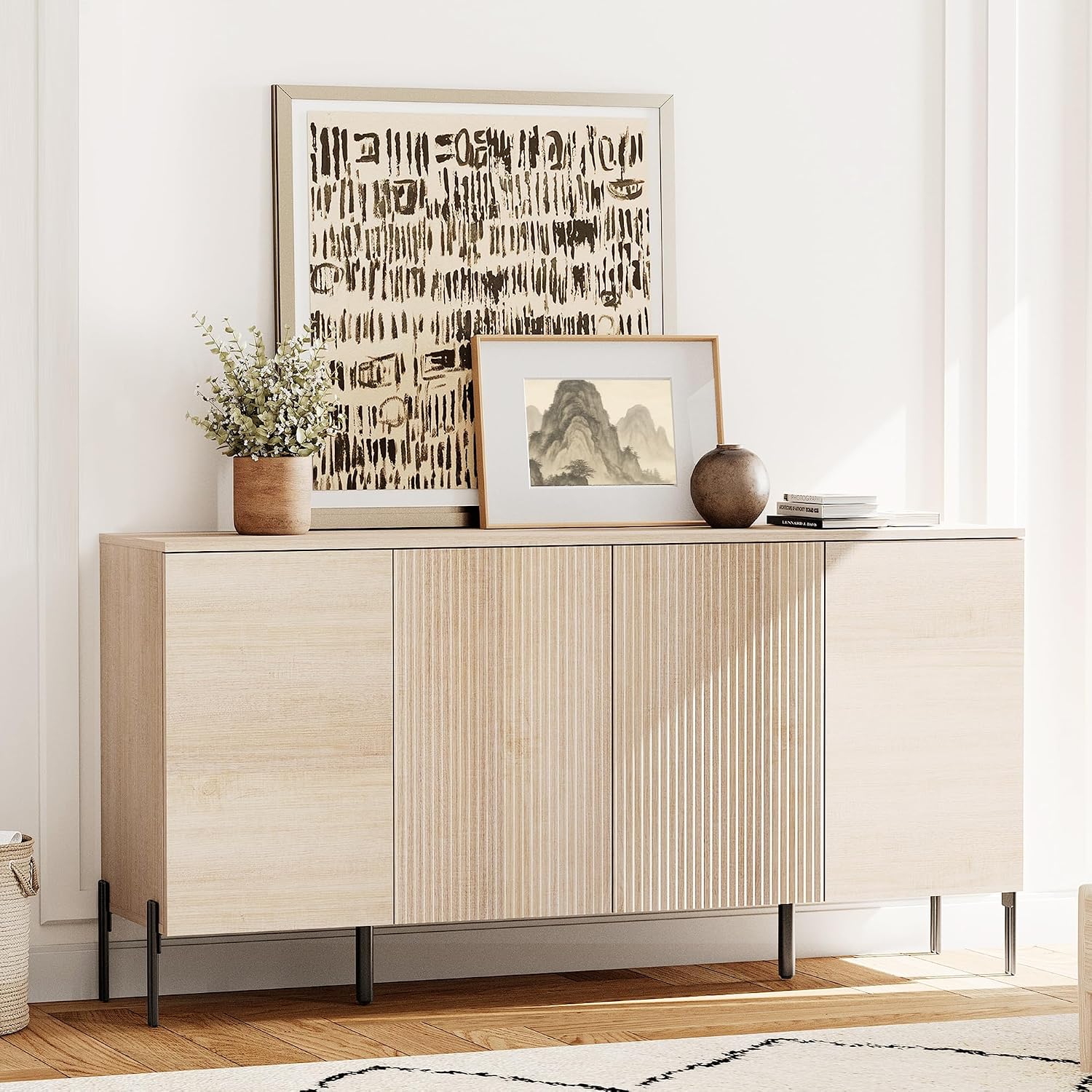 WAMPAT 61.6' TV Stand Cabinets for TVs up to 70 Inches, Entertainment Center with Storage Cabinets and 4 Doors, Mid Century Modern Media TV Console Table for Living Room Bedroom,Beige