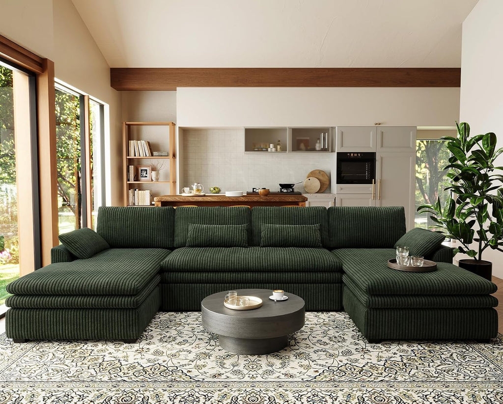 Belffin Large Modular Sectional Sofa with Double Deep Chaise, 135' Corduroy U Shaped Sectional Couch with 9' Soft Dual-Layer 6 Seats U Shaped Couch for Living Room, Apartment, Green