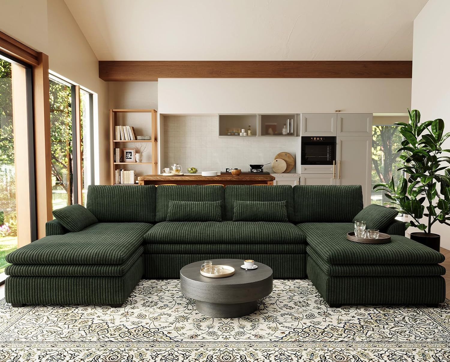 Belffin Large Modular Sectional Sofa with Double Deep Chaise, 135' Corduroy U Shaped Sectional Couch with 9' Soft Dual-Layer 6 Seats U Shaped Couch for Living Room, Apartment, Green