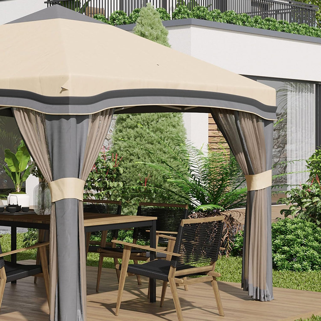Outsunny 10' x 10' Pop Up Canopy Tent with Netting, Instant Tents for Parties, Height Adjustable, with Wheeled Carry Bag and 4 Sand Bags for Outdoor, Garden, Patio, Beige