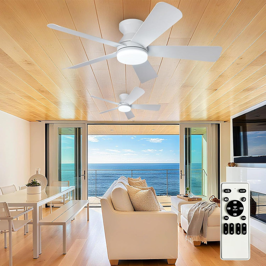 Depuley 42-Inch Ceiling Fans with Lights: Flush Mount Ceiling Fan with Remote Control Indoor/Outdoor - White 5 Blade Low Profile Fandelier for Kitchen Gazebo - Reversible Quiet Timer - 2 Packs