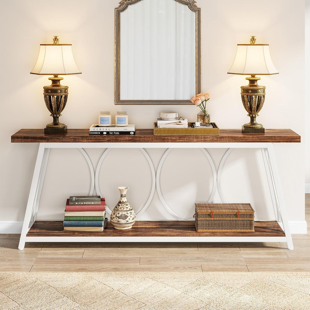 Tribesigns 70.9 inch Extra Long Console Table, Industrial Sofa Table Behind Couch with 2 Tier Storage Shelf, Narrow Entryway Hallway Accent Table for Living Room, White & Brown