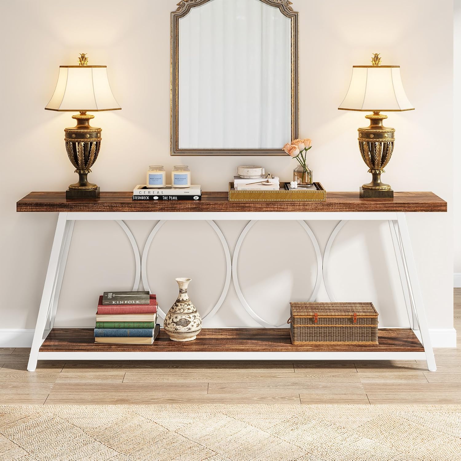 Tribesigns 70.9 inch Extra Long Console Table, Industrial Sofa Table Behind Couch with 2 Tier Storage Shelf, Narrow Entryway Hallway Accent Table for Living Room, White & Brown