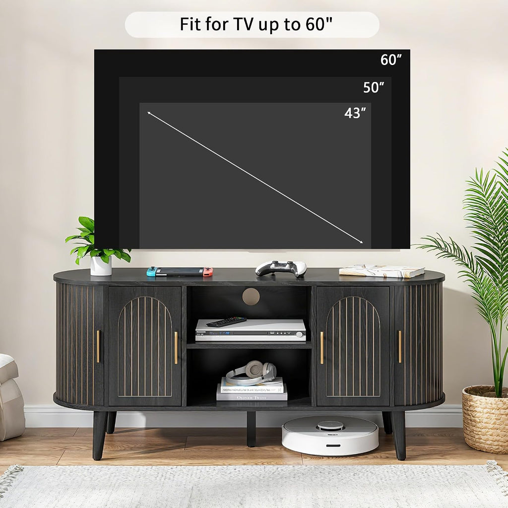 51' Fluted TV Stand, Mid-Century Modern Entertainment Center for Tvs up to 60' with Drawers and Fluted Doors, Curved TV Media Console Table with Sliding Doors for Living Room, Bedroom (51' Black)