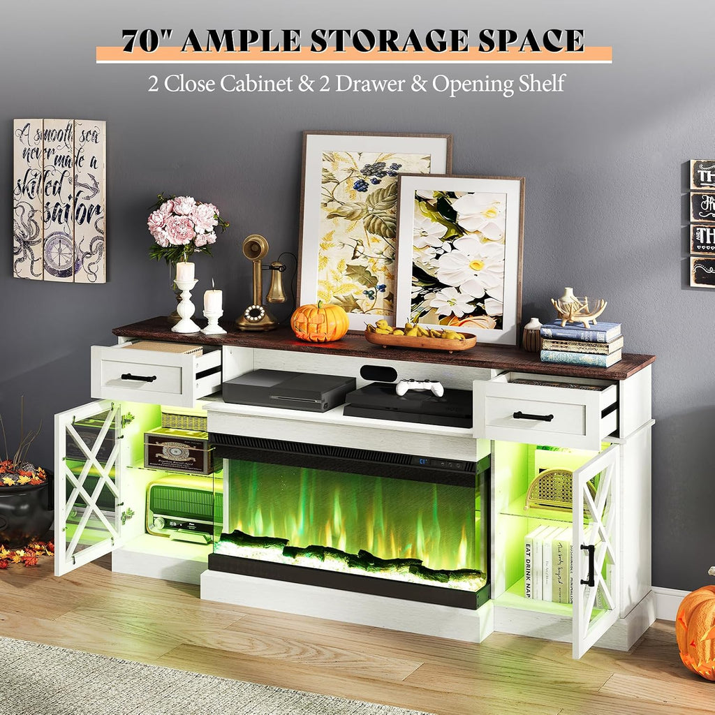 AMERLIFE Farmhouse LED Fireplace TV Stand with 3-Sided Glass Fireplace, 70' Large Entertainment Center for TVs up to 80', Rustic TV Console with Glass Door Storage for Living Room, Barnwood+White