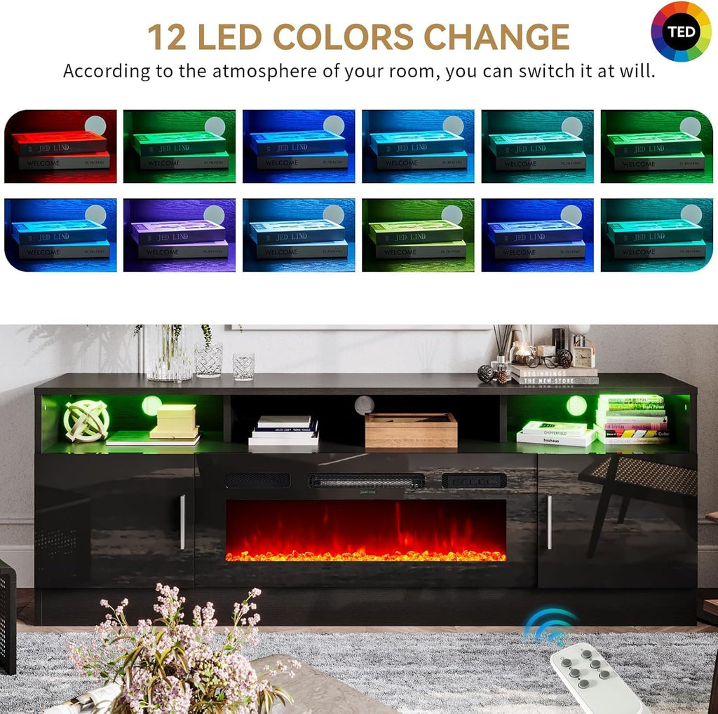 oneinmil 70' Fireplace TV Stand with Power Outlet for TVs Up to 80', Electric Fireplace Entertainment Center with LED Lights & Storage Cabinets, Media Console Table for Living Room, Black