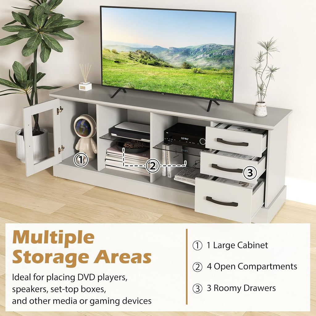 Giantex Farmhouse TV Stand for 73 Inch TV, Wood TV Console Table w/Removable Glass Shelves, Cable Management Holes & Drawers, Rustic Entertainment Center with Storage for Living Room, Bedroom, Grey