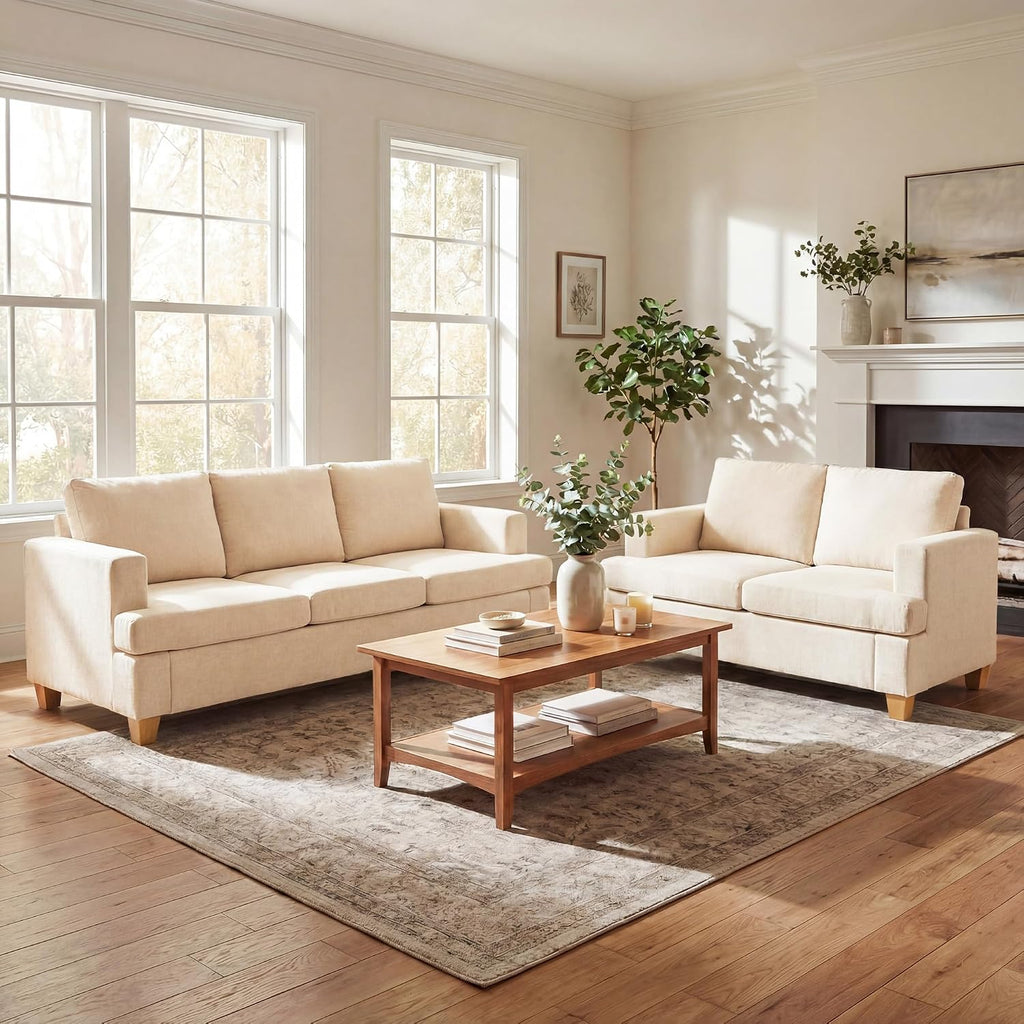 YOUDENOVA Sofa, 2 Piece Set Comfy Couch, 3 Seater & Loveseat Sofa with Deep Seats, Modern Sleeper Couch for Living Room, Beige Chenille