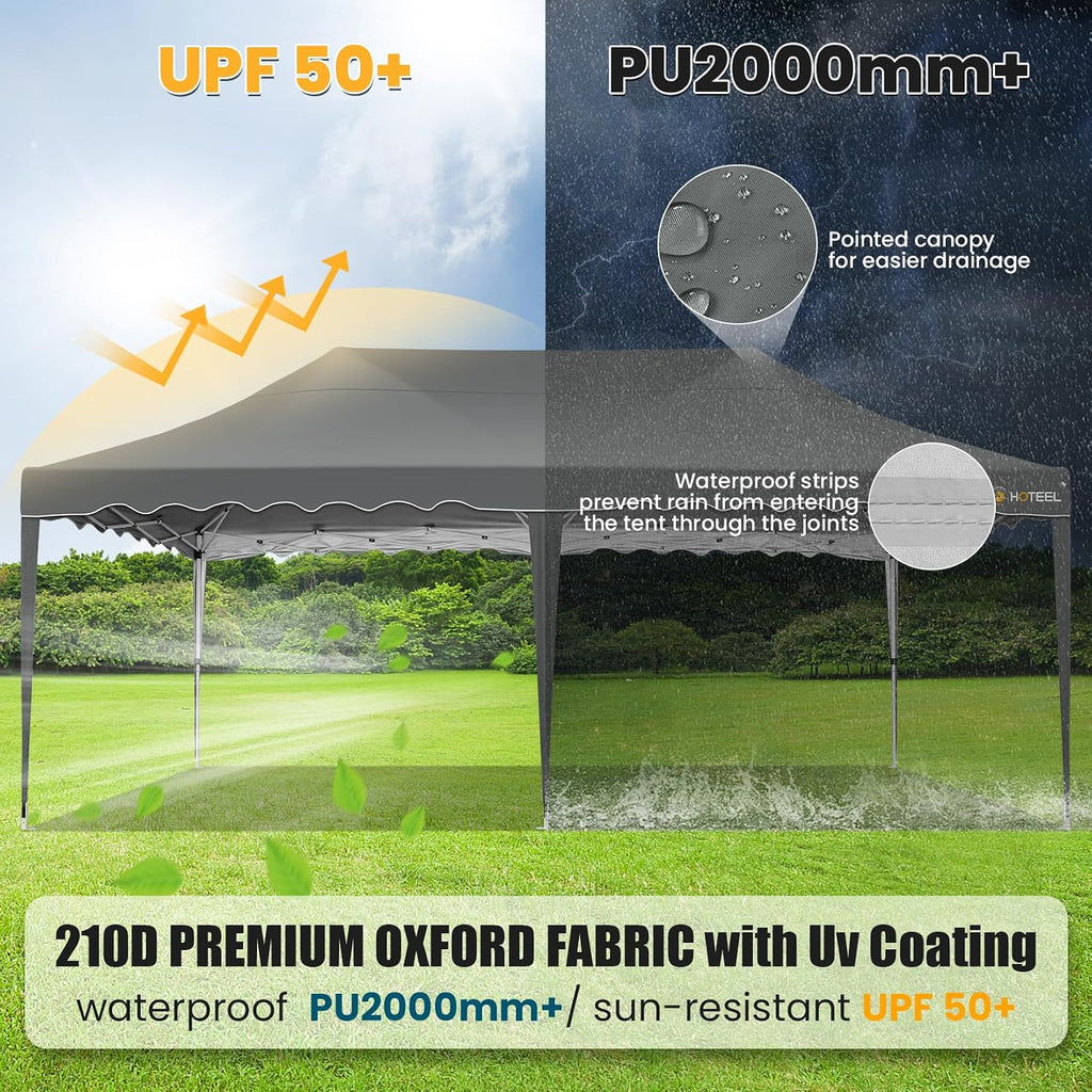 HOTEEL 10×20 Pop Up Canopy Tent UV 50+ and Waterproof, Thickened Frame, Large Space Easy Outdoor Pop Up Canopy for Wedding, Beaches, Parties, Patio (Grey)