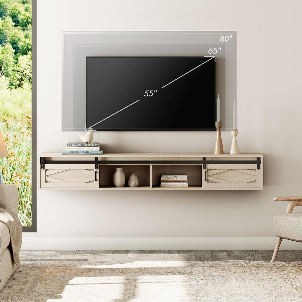 WAMPAT Floating TV Stand for TVs up to 80 Inch, Wood Entertainment Center with Charging Station, Sliding Barn Door Floating TV Shelf for Living Room,Oak
