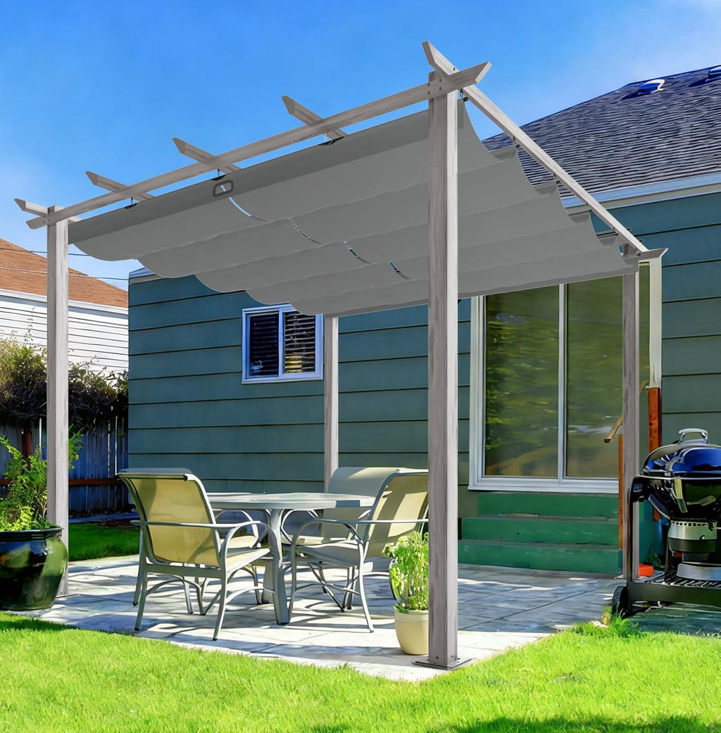 HAPPATIO 10' X 10' Wood-Grain Retractable Pergola with Sun Shade Canopy, Patio Aluminum Frame Shelter for Backyards, Gardens, Porch, Includes Ground Studs and Expansion Screws (Grey)