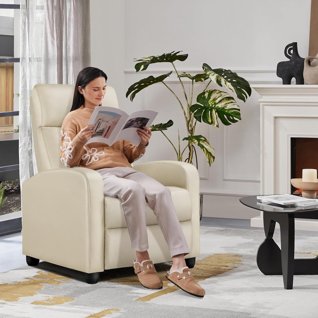 Yaheetech PU Leather Reclining Chair Single Sofa for Living Room Padded Seat with Pocket Spring for Small Space Living Room Bedroom Home Theater Beige