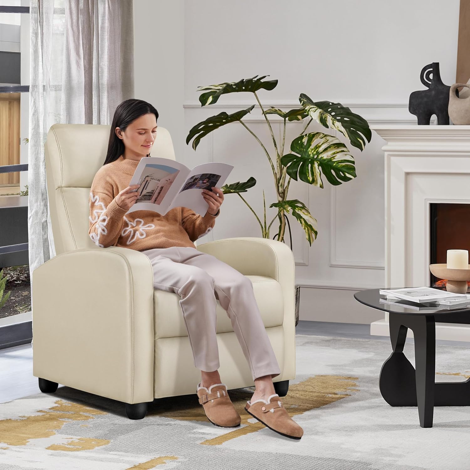 Yaheetech PU Leather Reclining Chair Single Sofa for Living Room Padded Seat with Pocket Spring for Small Space Living Room Bedroom Home Theater Beige