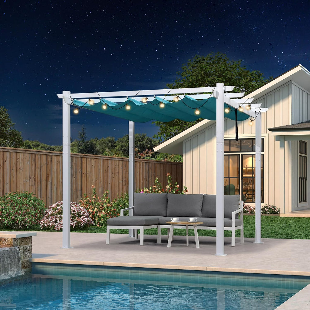 PURPLE LEAF Pergola Retractable Canopy White Patio Metal 10'X 10' Pergola for Backyard Deck Garden, Turquoise Blue