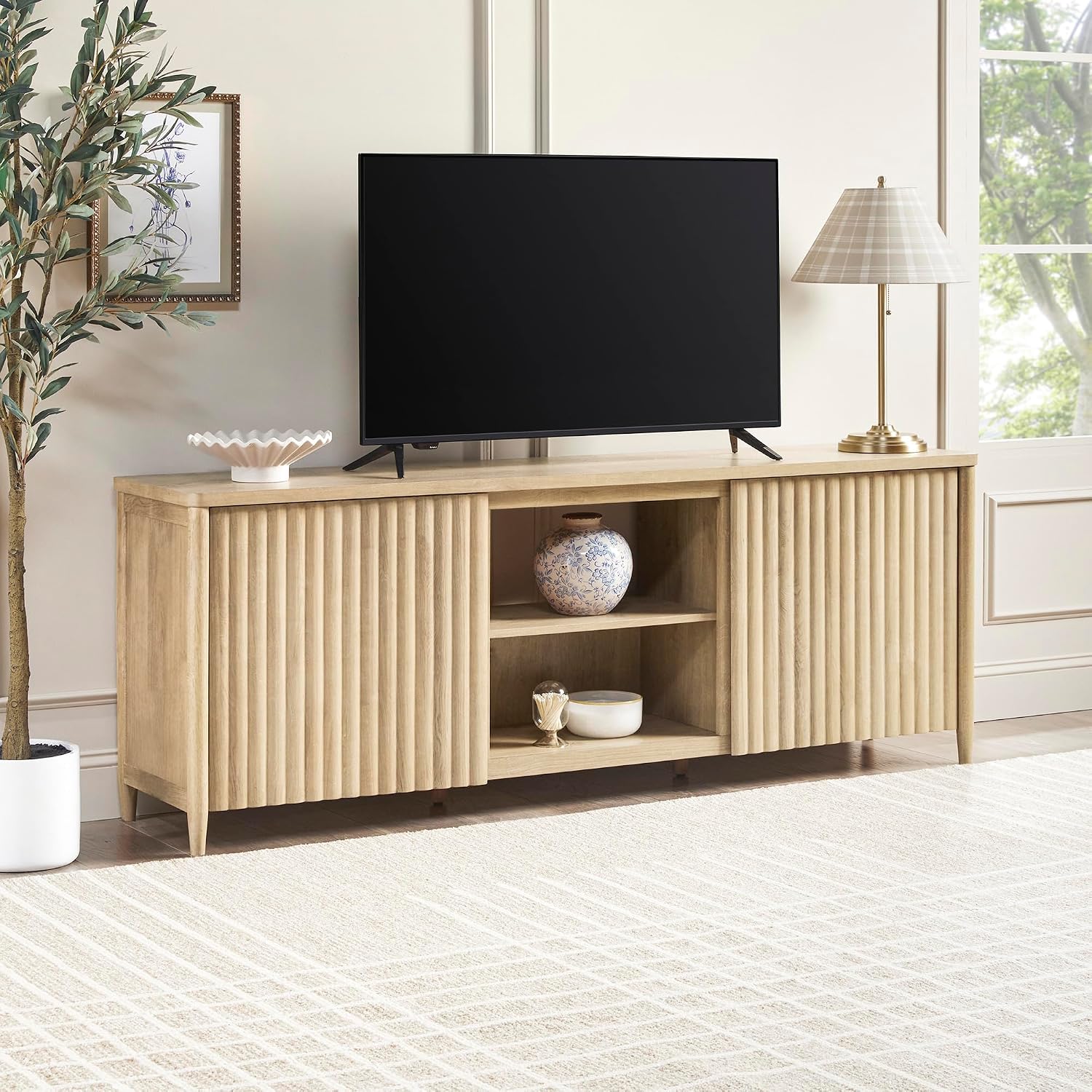 Walker Edison Scandinavian Reeded TV Stand with Open Storage for up to 80' TV Coastal Oak