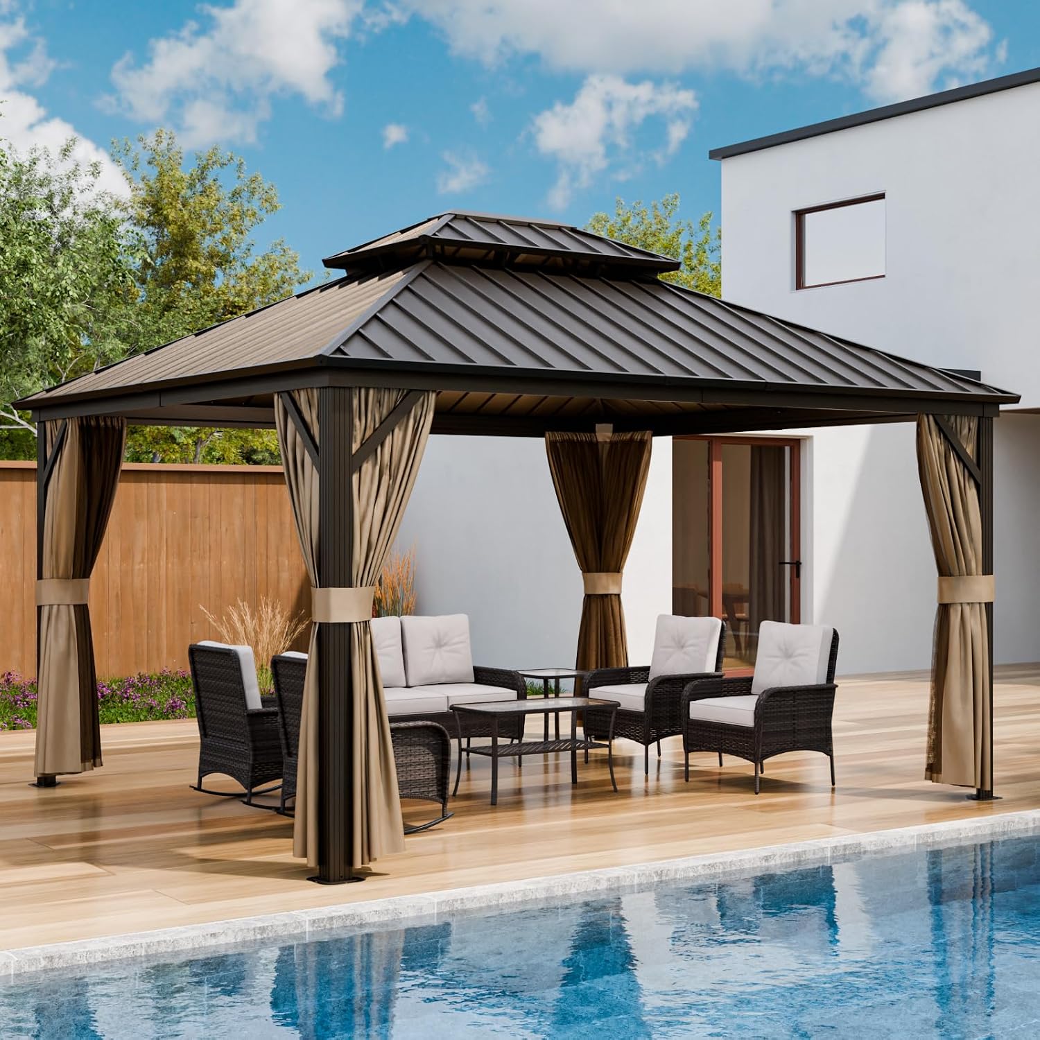 EAGLE PEAK 12x14 Hardtop Gazebo, Galvanized Steel Double Roof with Aluminum Frame, Outdoor Pavilion with Netting and Curtains for Patio, Deck, Lawn and Garden, Dark Brown/Tan