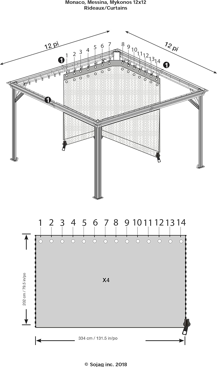 Sojag Accessories Set of 4 12' x 12' Curtains for Monaco/Messina/Mykonos Outdoor Gazebo Models, Grey