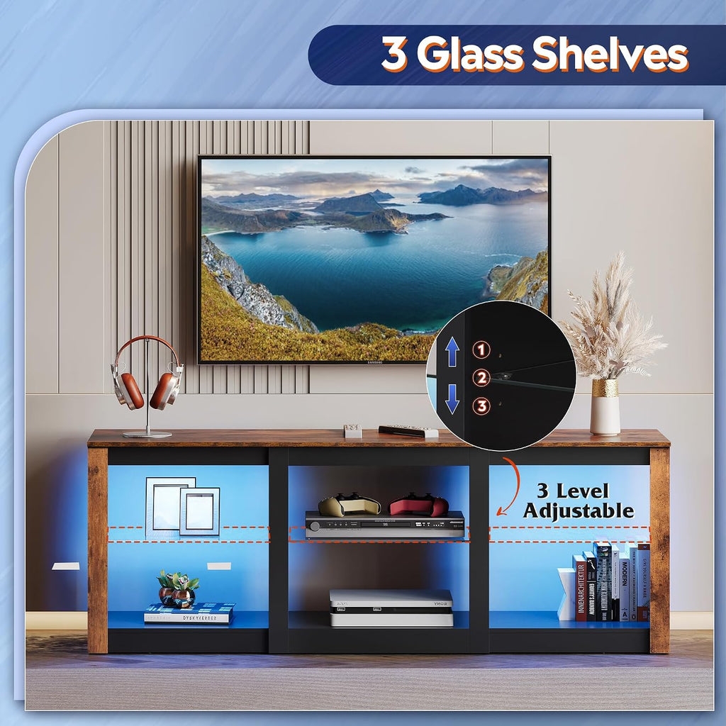 WLIVE Modern LED TV Stand for 65 70 Inch TV, 58' Entertainment Center with Adjustable Glass Shelves & RGB Lights, Wood Media Console Table for Living Room, Bedroom, Gaming Room, Rustic Brown