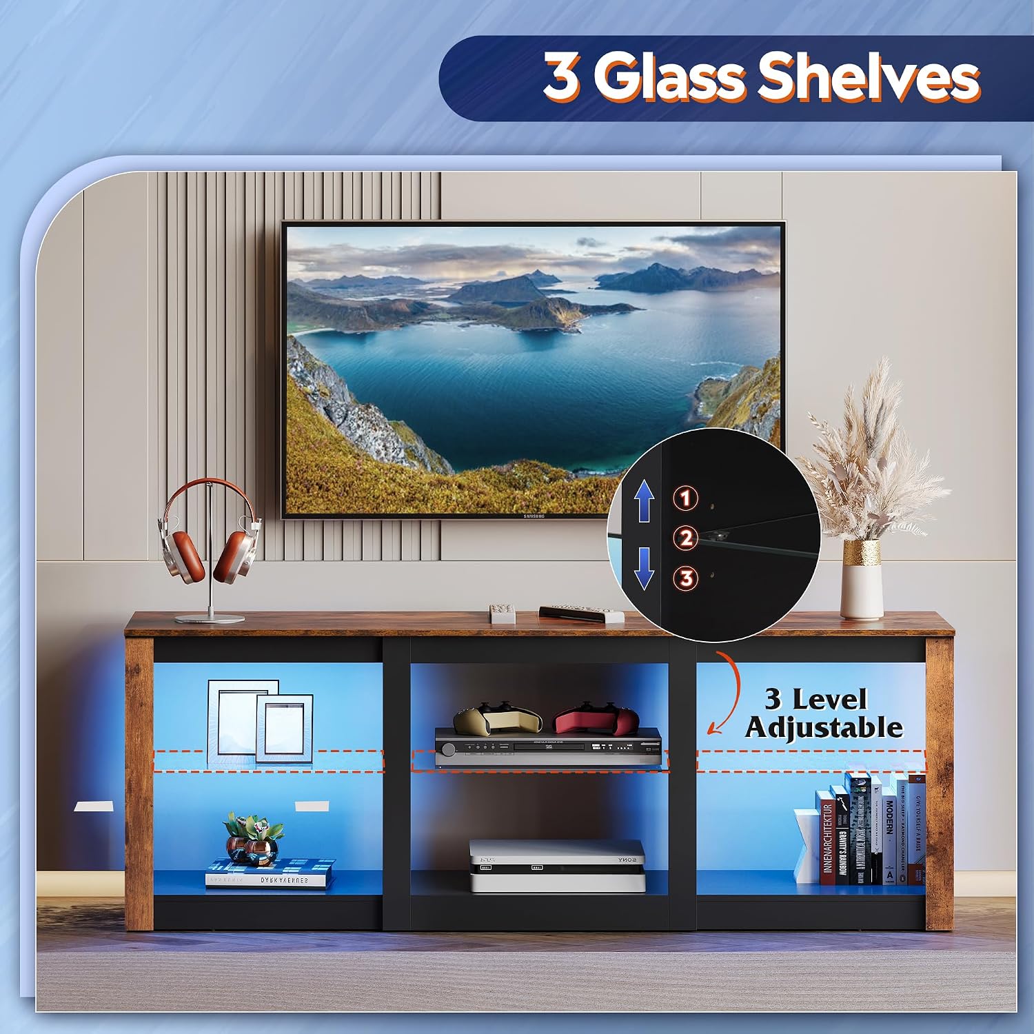 WLIVE Modern LED TV Stand for 65 70 Inch TV, 58' Entertainment Center with Adjustable Glass Shelves & RGB Lights, Wood Media Console Table for Living Room, Bedroom, Gaming Room, Rustic Brown