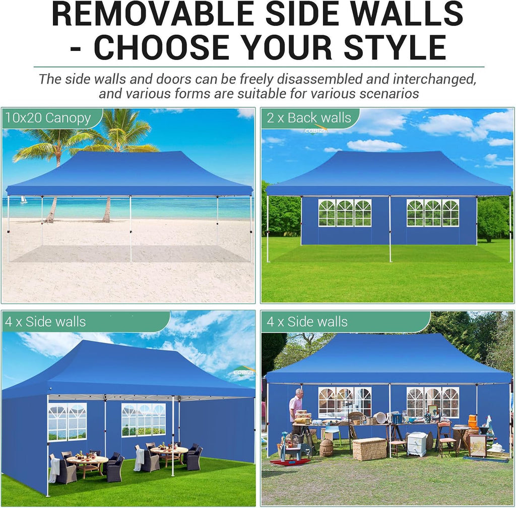 COBIZI 10x20ft Pop Up Canopy Tent with 6 Removable Sidewalls, Easy Up Commercial Canopy, Waterproof and UV50+ Gazebo with Portable Bag, Adjustable Leg Heights,Party Tents for Parties, with 4 Sandbags