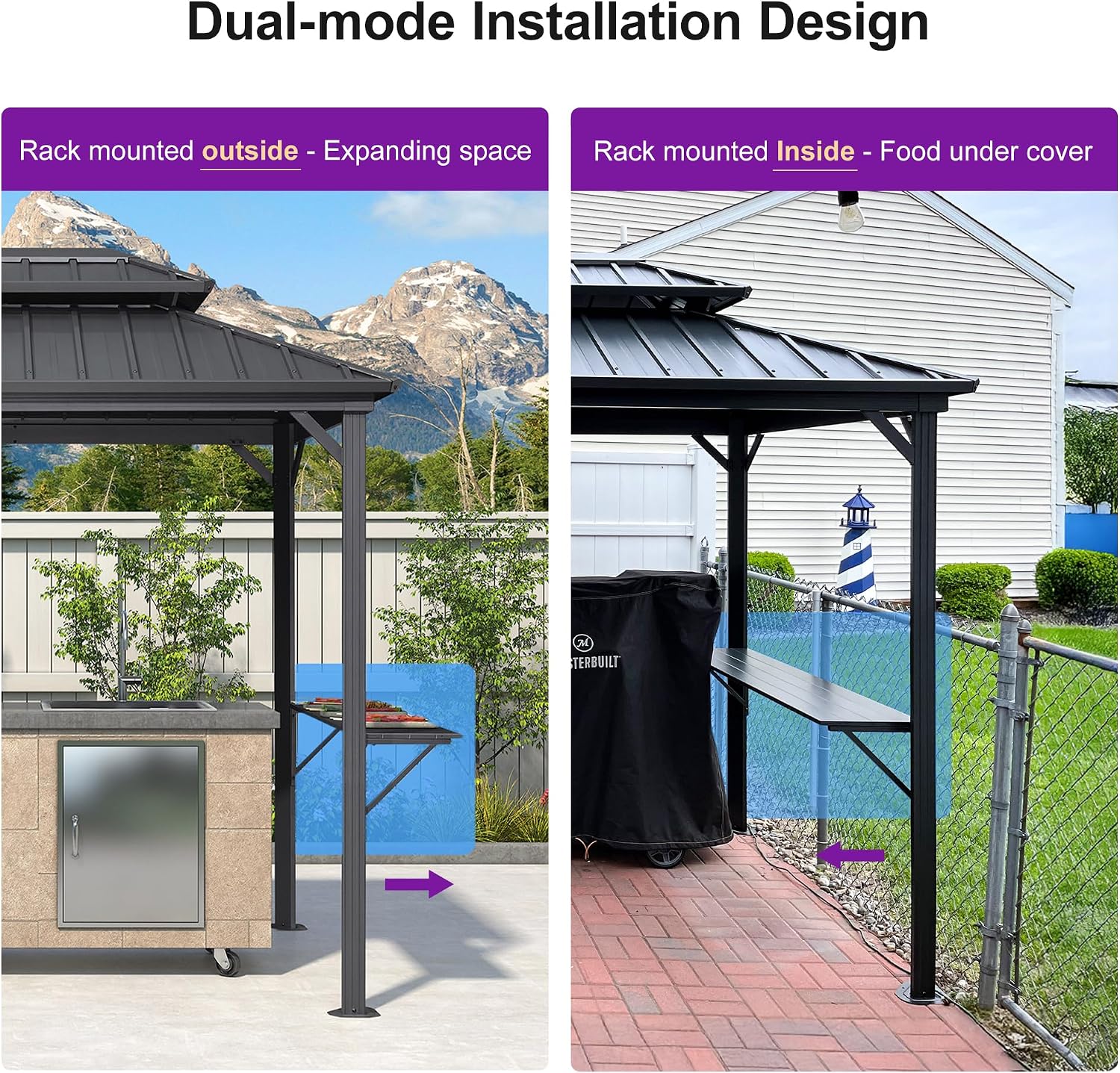 PURPLE LEAF 6' X 9' Hardtop Grill Gazebo for Patio Aluminum Barbeque Canopy with 24 Clear Light Bulbs and Shelves Double Tiered Grey Outdoor BBQ Gazebo