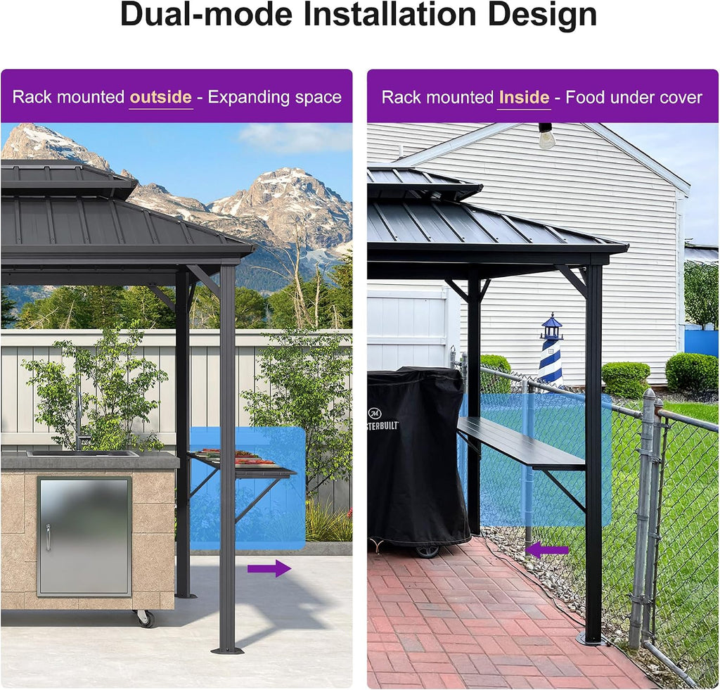 PURPLE LEAF 6.5' X 10' Hardtop Grill Gazebo for Patio Aluminum Barbeque Canopy with 24 Clear Light Bulbs and Shelves Double Tiered Grey Outdoor BBQ Gazebo