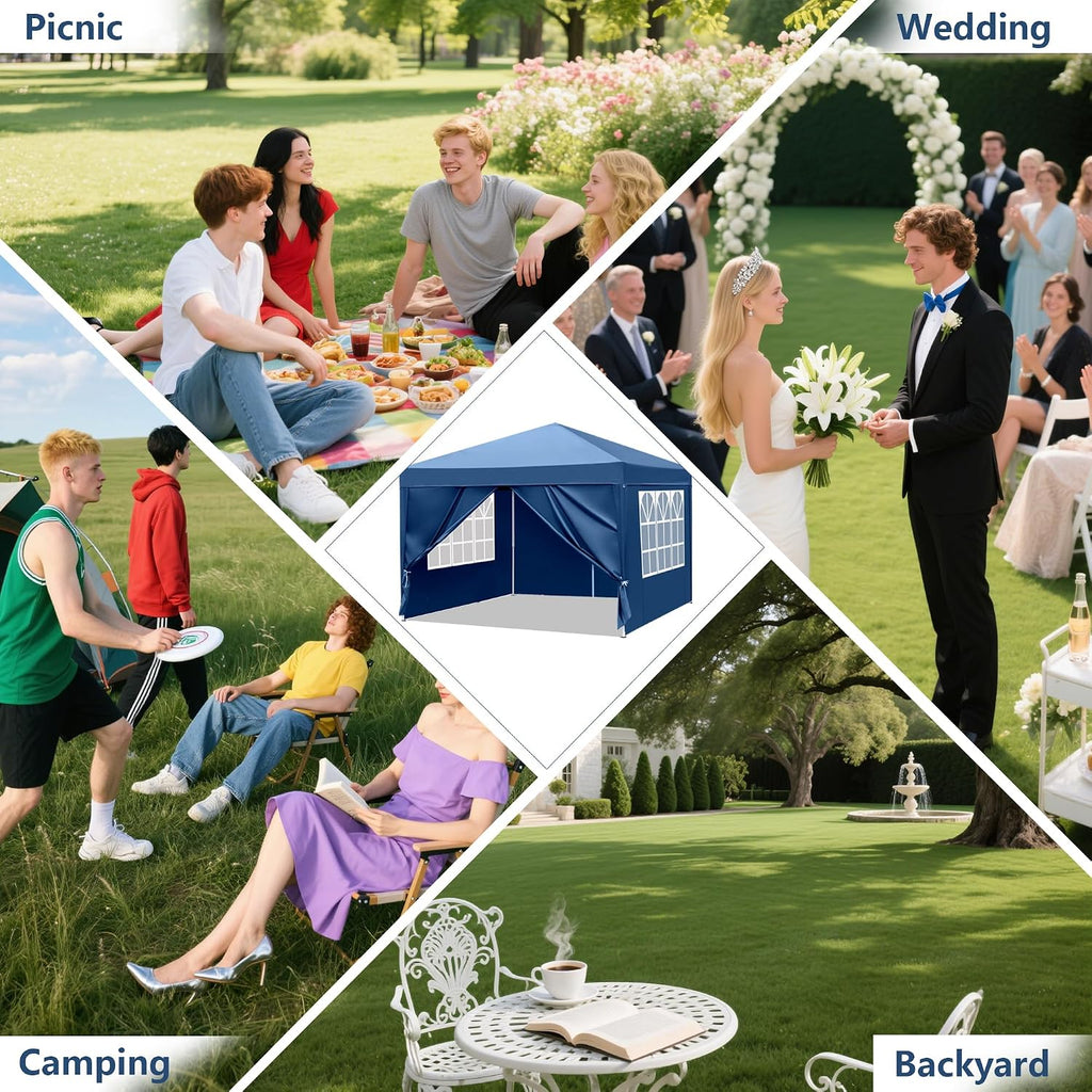 10x10 Pop Up Canopy Tent with Sidewalls, 3 Height Adjustable Beach Tent with Carrying Bag, 8 Stakes & 4 Ropes, Easy Set Up Gazebo for Events, Party, Wedding (10x10FT Blue with 4Sidewalls)